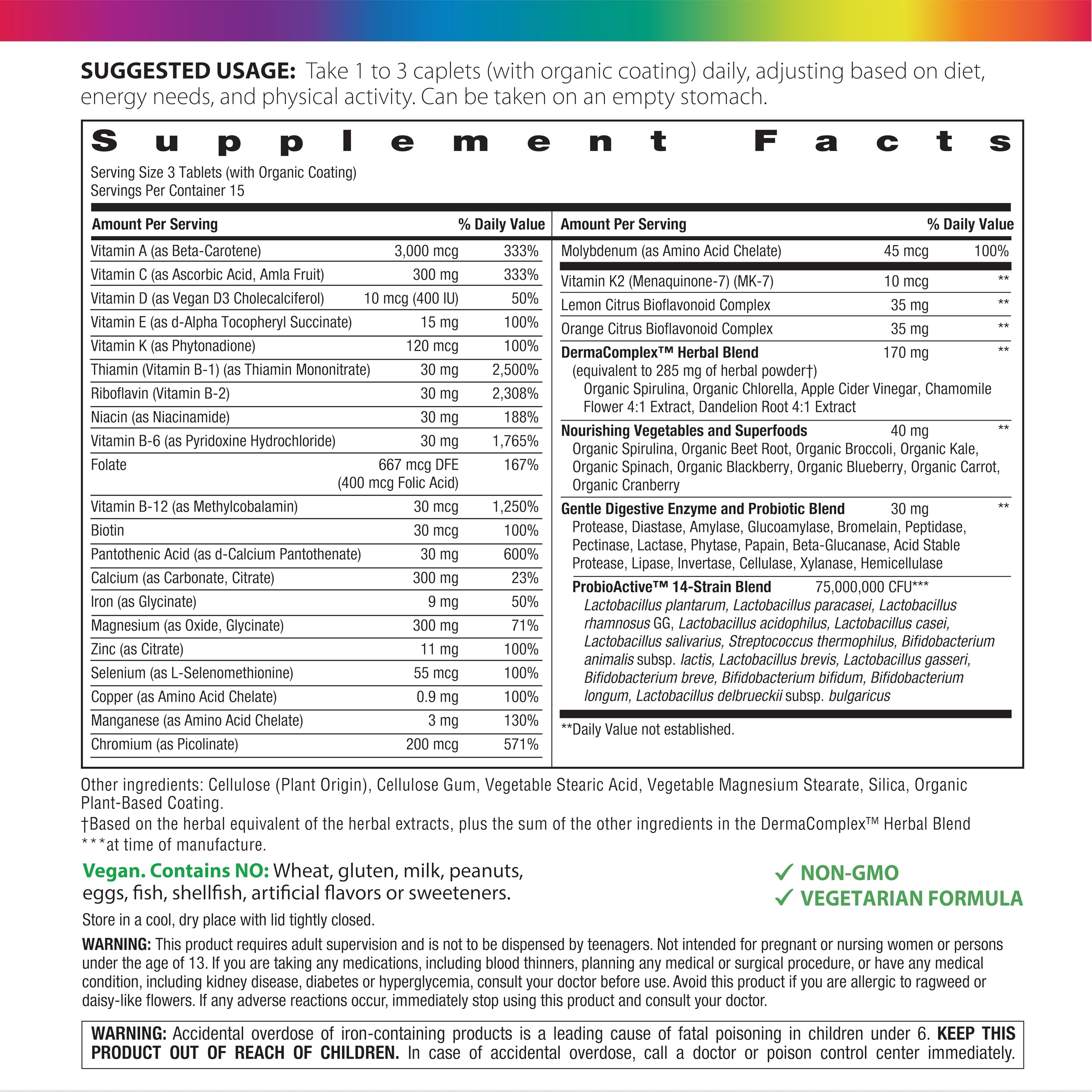 Rainbow Light DermaComplex blend ingredients close-up showing botanical boost for skin and digestion.