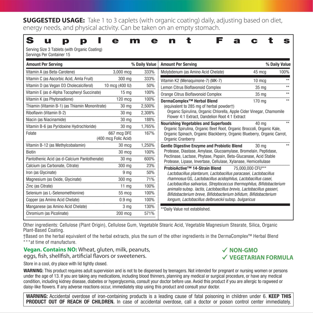 Rainbow Light DermaComplex blend ingredients close-up showing botanical boost for skin and digestion.