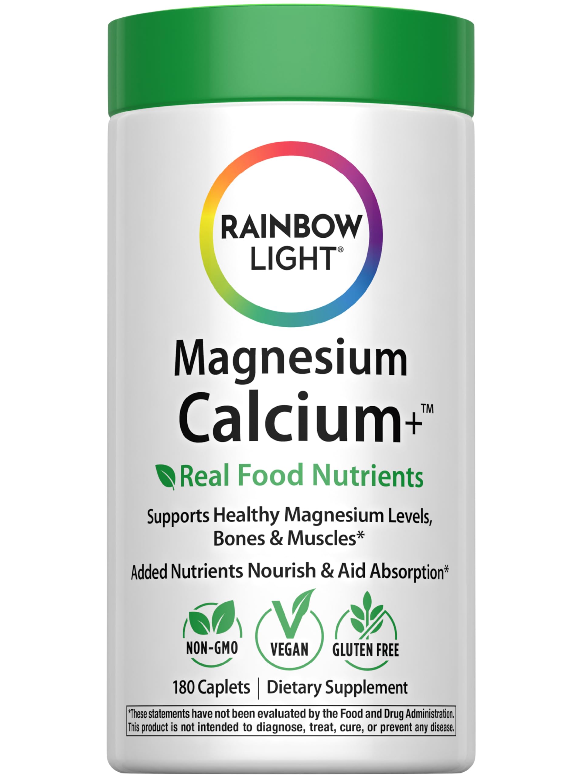 Rainbow Light magnesium calcium supplement bottle with tablets for balanced minerals.