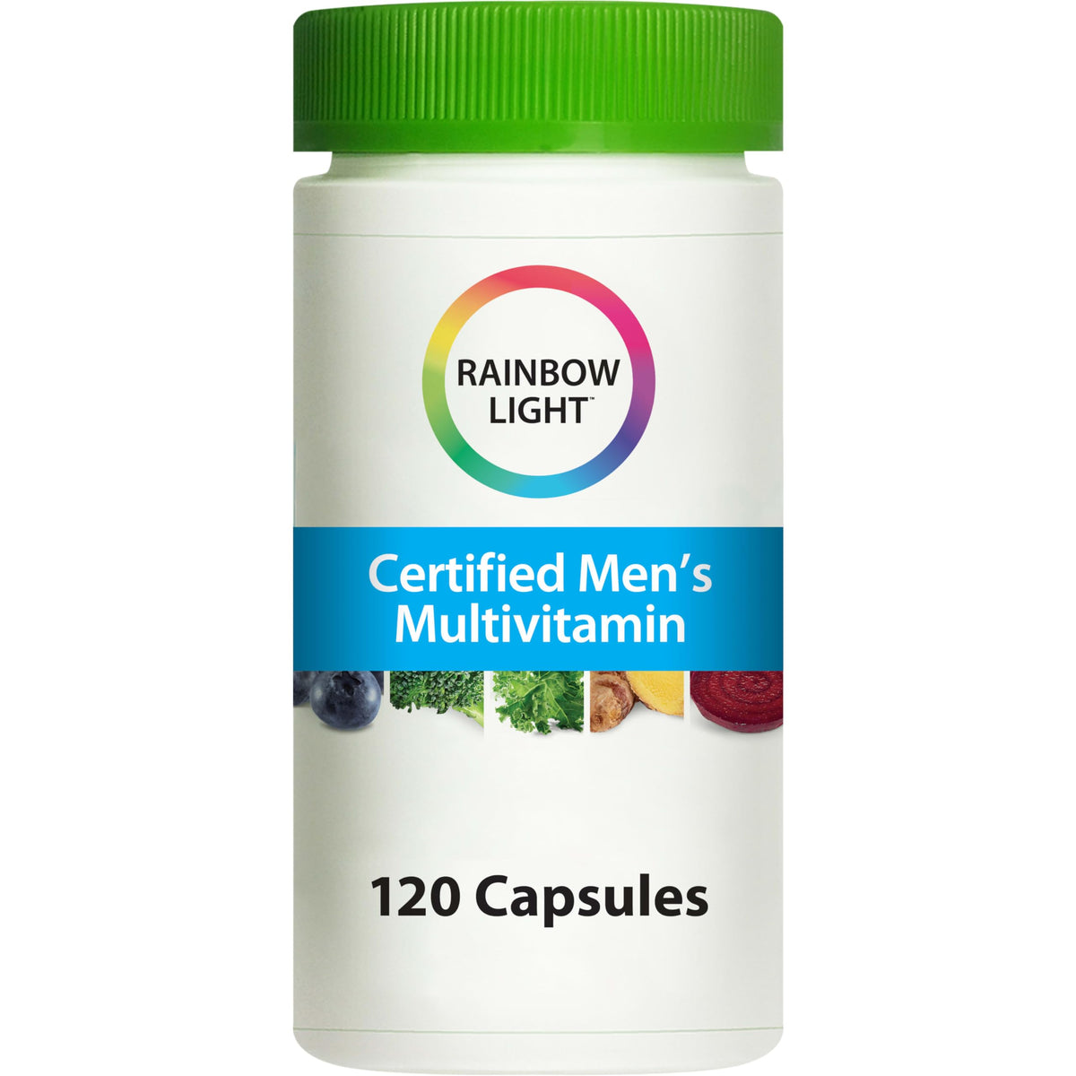 Rainbow Light Men’s Multivitamin bottle—non-GMO, vegetarian formula supporting daily immune and energy needs.