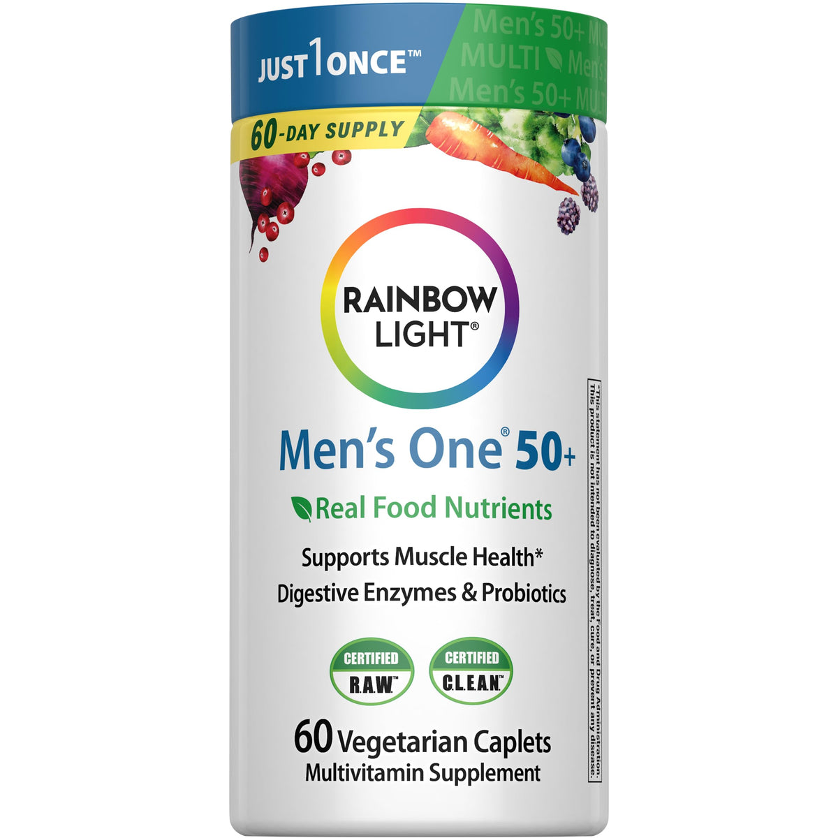 Rainbow Light Men's 50+ multivitamin bottle with clear label for daily wellness