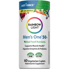 Rainbow Light Men's 50+ multivitamin bottle with clear label for daily wellness
