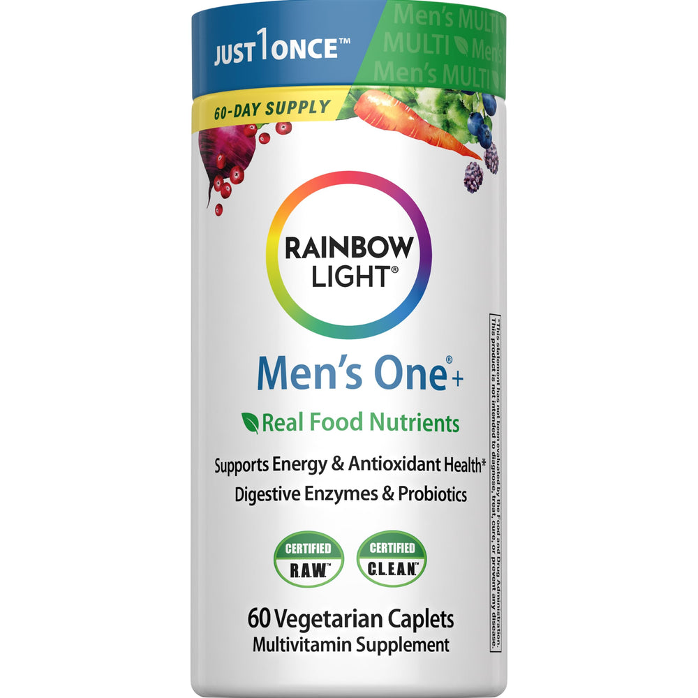 Rainbow Light Mens Multivitamin One Plus bottle front view highlighting energy support and real food nutrients