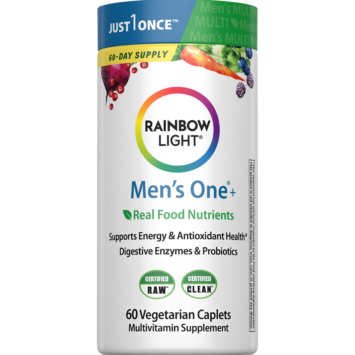 Rainbow Light Mens Multivitamin One Plus bottle front view highlighting energy support and real food nutrients