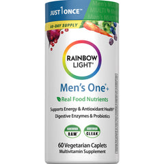 Rainbow Light Mens Multivitamin One Plus bottle front view highlighting energy support and real food nutrients