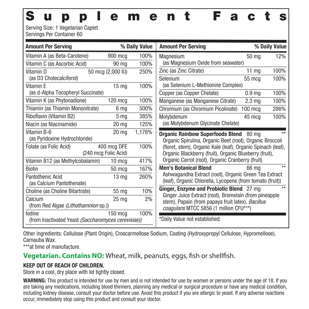 Rainbow Light Mens Multivitamin One Plus bottle label emphasizing real food nutrients and probiotics
