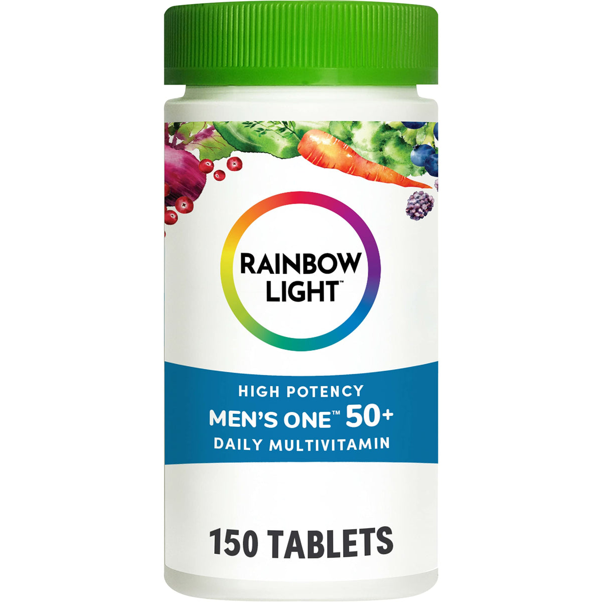 Rainbow Light Men’s One 50+ bottle highlights high-potency vitamins for daily immune support.