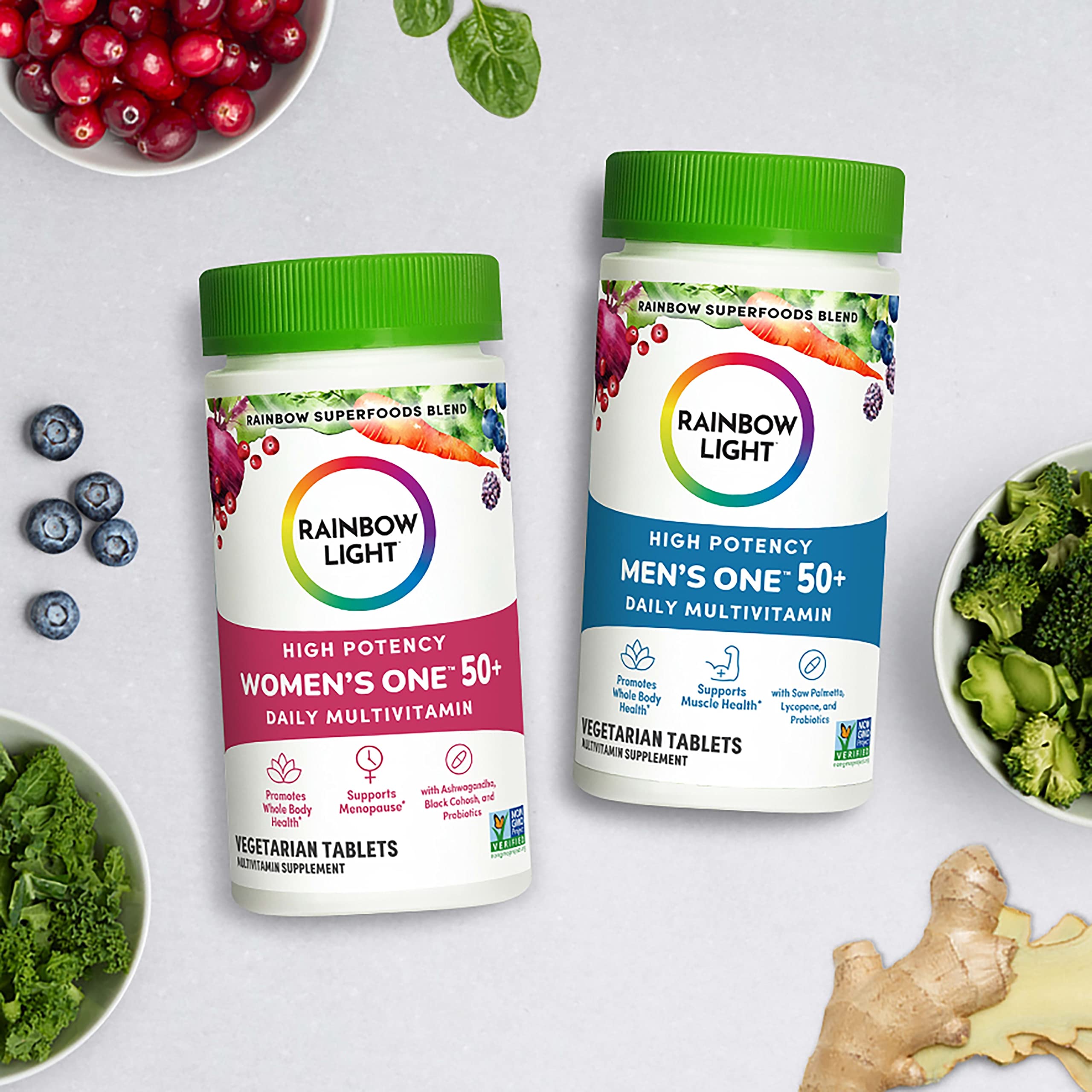 Rainbow Light Men’s One 50+ ingredient list highlights vitamins C, D, zinc, and saw palmetto.