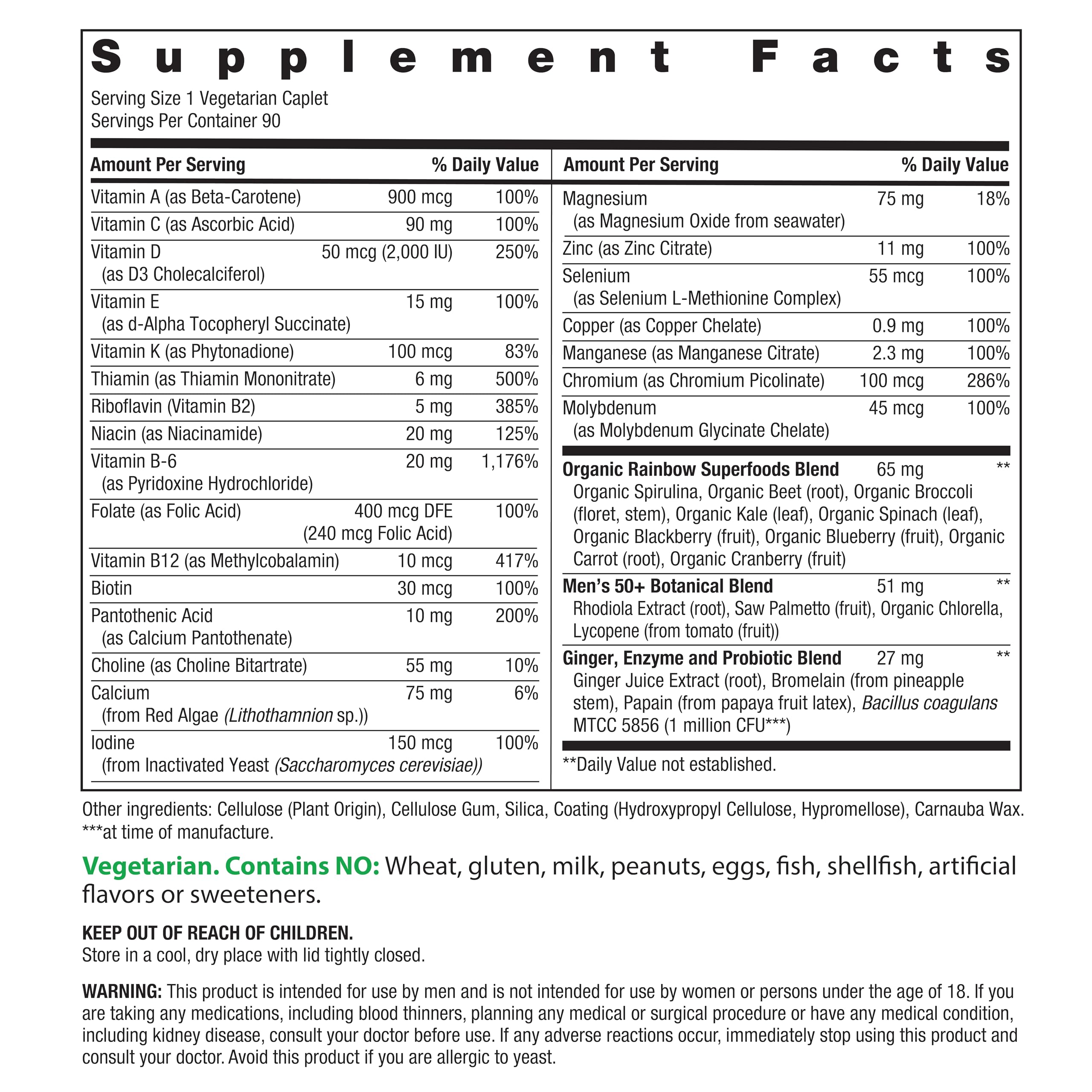 Rainbow Light Mens One 50+ tablets close-up highlighting vegetarian formula.