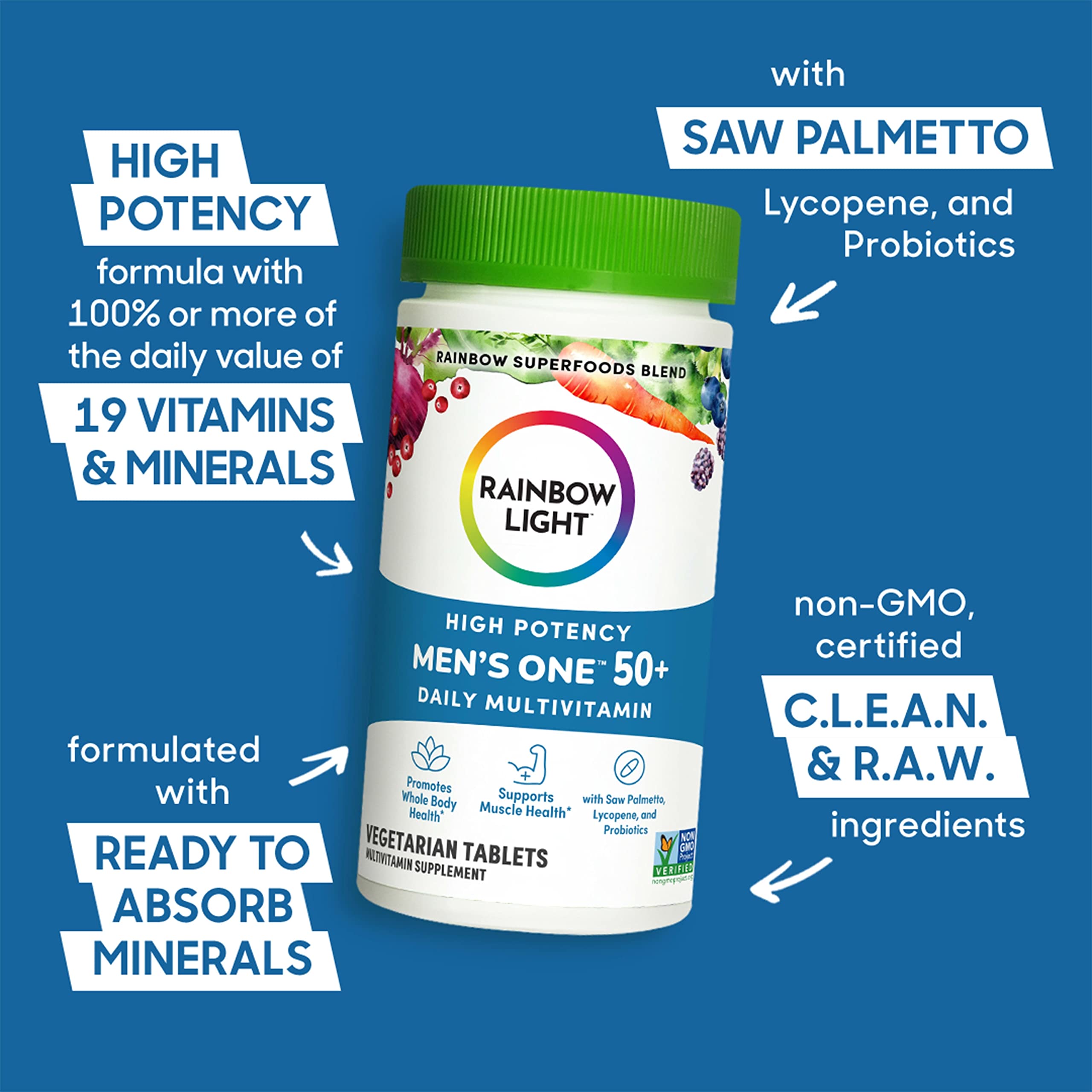 Rainbow Light Men’s One 50+ tablets arranged show probiotic and mineral blend.