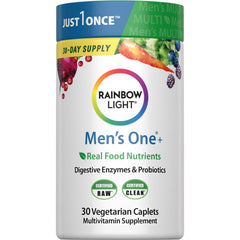 Rainbow Light Men's One+ bottle label highlights real food nutrients for daily wellness.