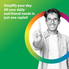 Rainbow Light Men's One+ packaging emphasizes real food nutrients for energy support.