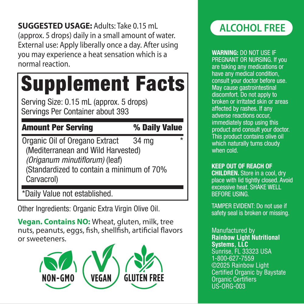 Rainbow Light Oil of Oregano alcohol-free vegan formula shown on label.
