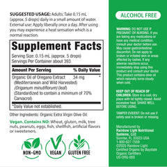 Rainbow Light Oil of Oregano alcohol-free vegan formula shown on label.