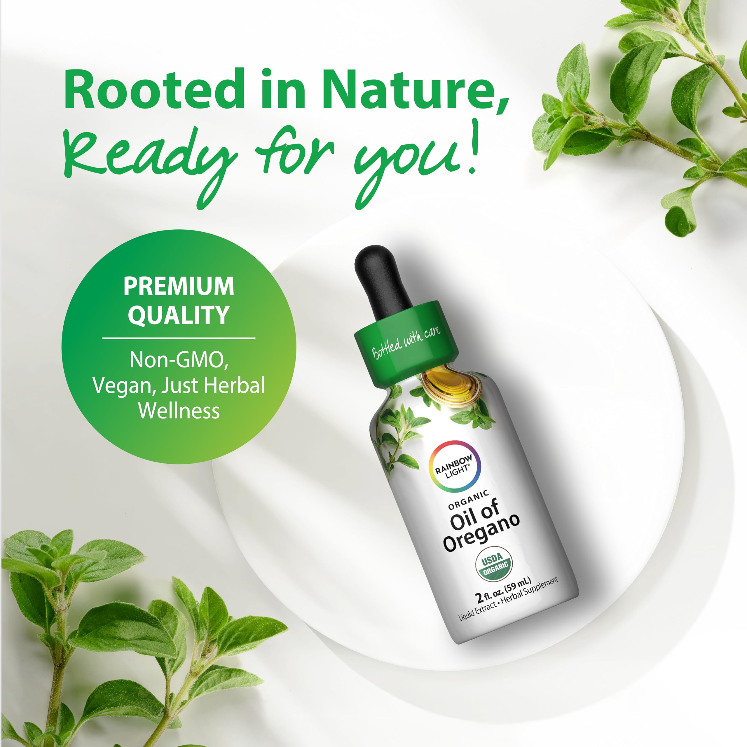 Rainbow Light Oil of Oregano label highlights USDA Organic quality.