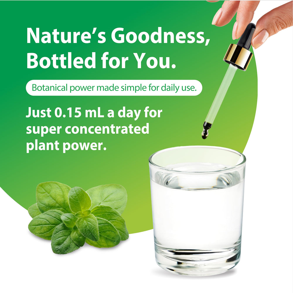 Pouring Rainbow Light Oregano oil demonstrates convenient liquid format.