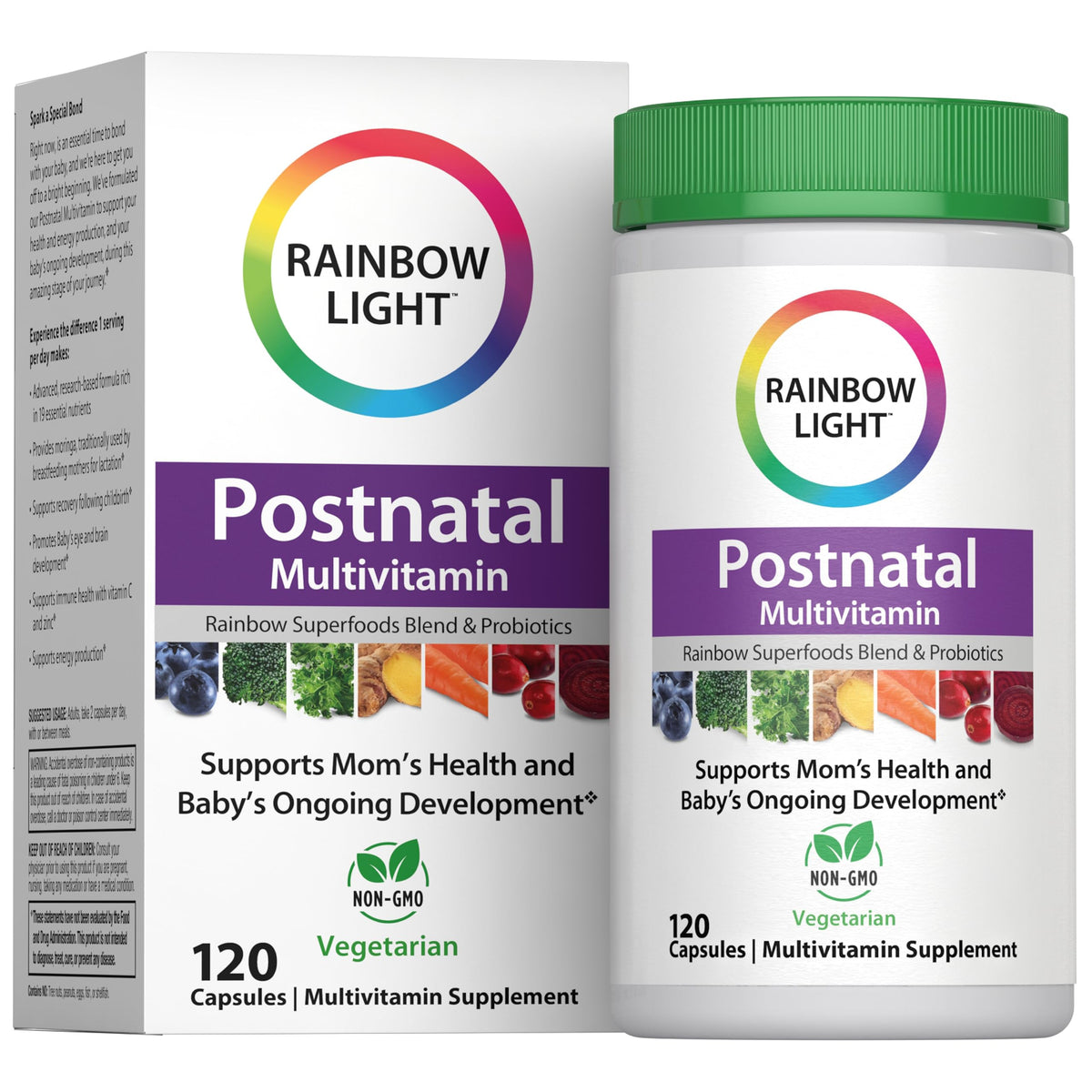 Rainbow Light Postnatal Multivitamin bottle showing core nutrients for mom energy and baby development.