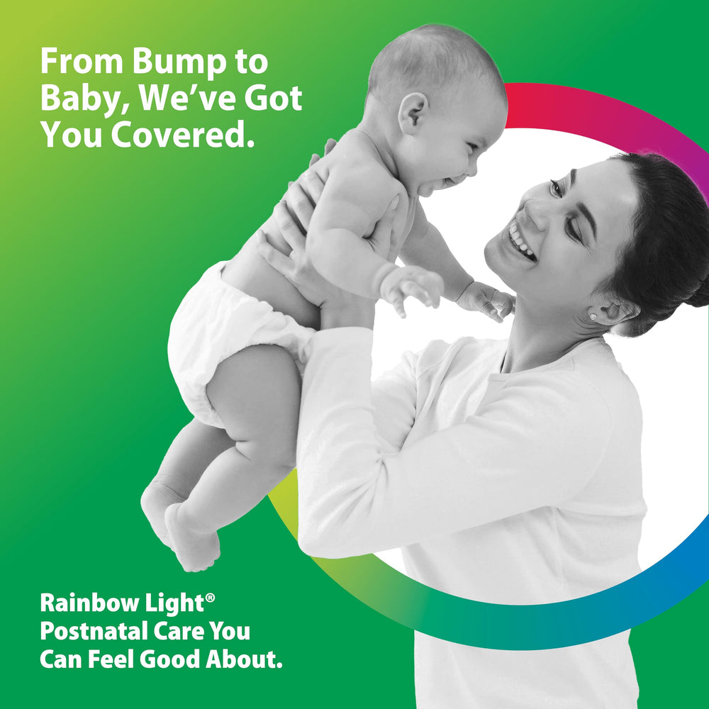 Rainbow Light Postnatal Multivitamin digestive blend emphasizes prebiotic and probiotic support.