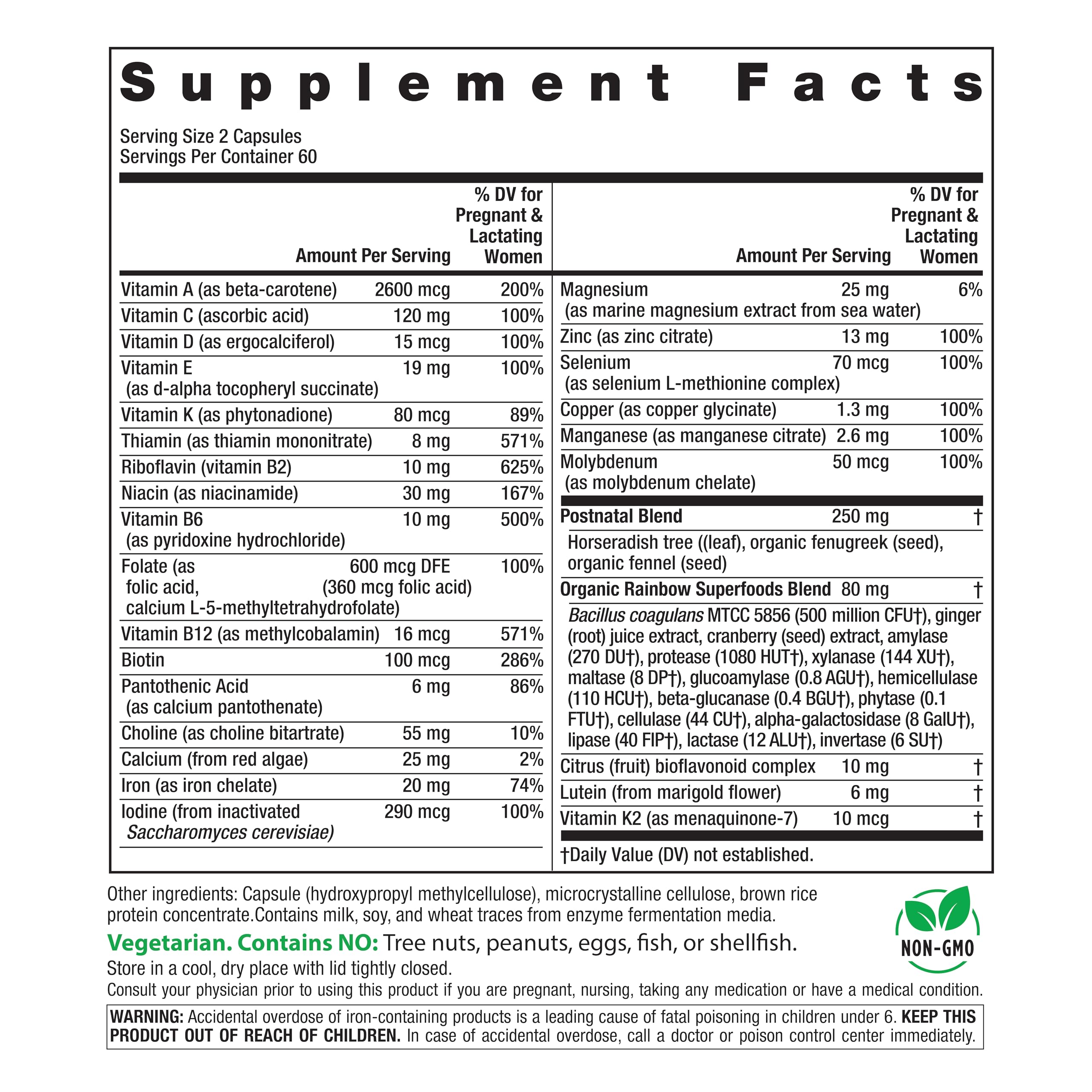 Rainbow Light Postnatal Multivitamin label highlighting ingredients and vegetarian formula.