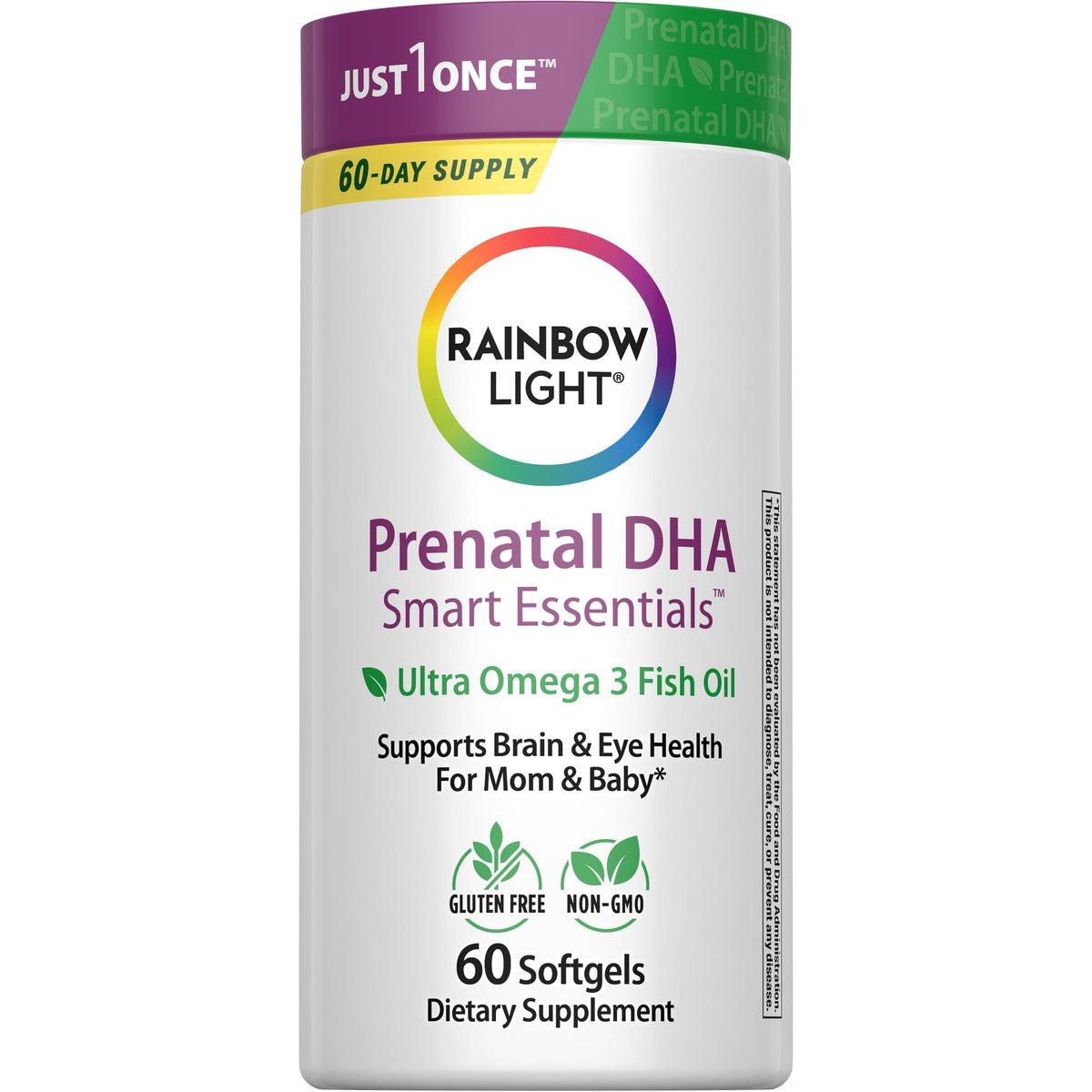 Rainbow Light Prenatal DHA softgels bottle offers convenient omega-3 support for mom and baby.