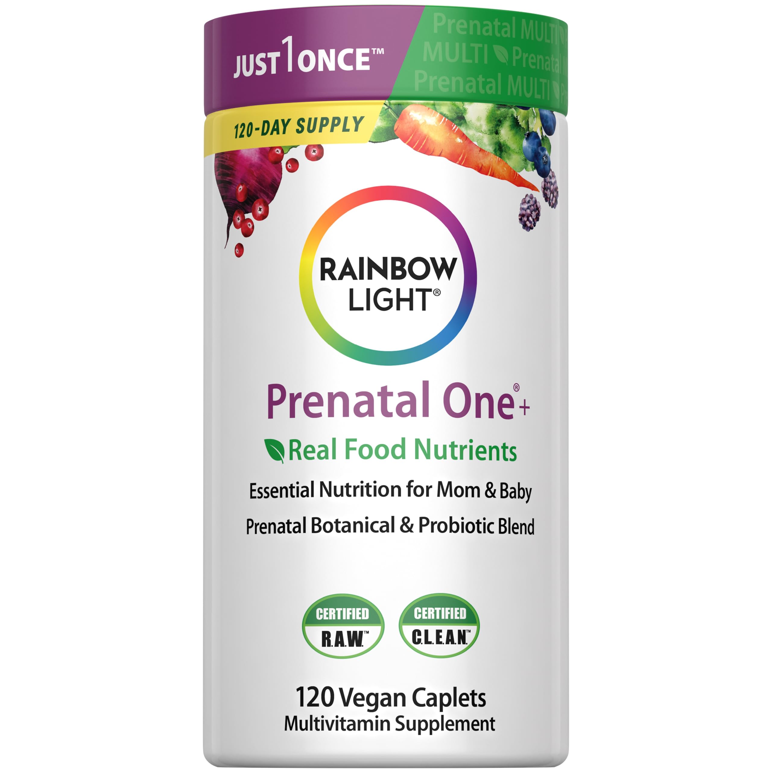 Rainbow Light Prenatal One bottle front shows vegan multivitamin for mom's daily prenatal nutrition.