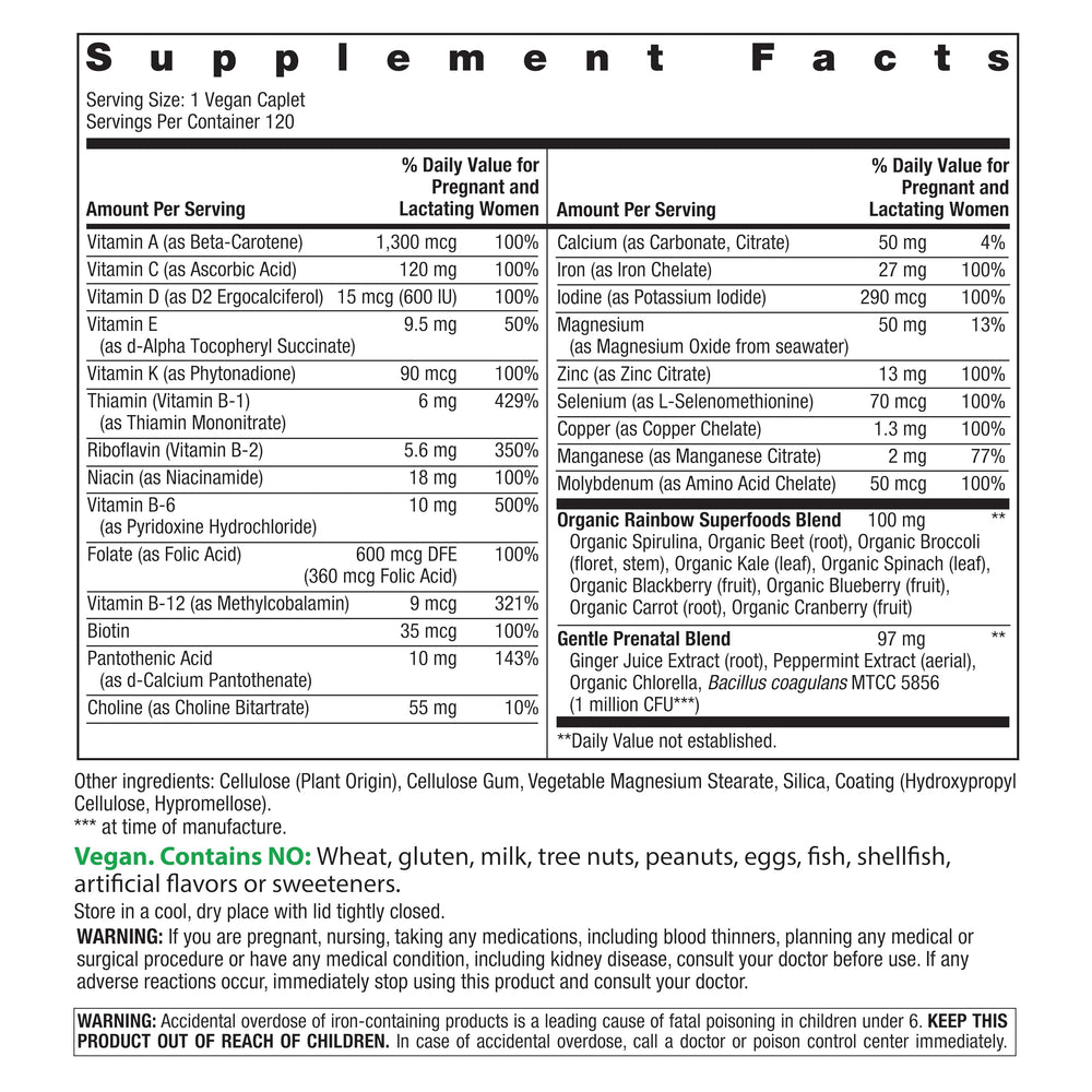 Rainbow Light Prenatal One bottle label detail highlights 120-count vegan, allergy-friendly formula.