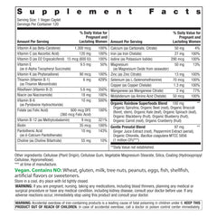 Rainbow Light Prenatal One bottle label detail highlights 120-count vegan, allergy-friendly formula.