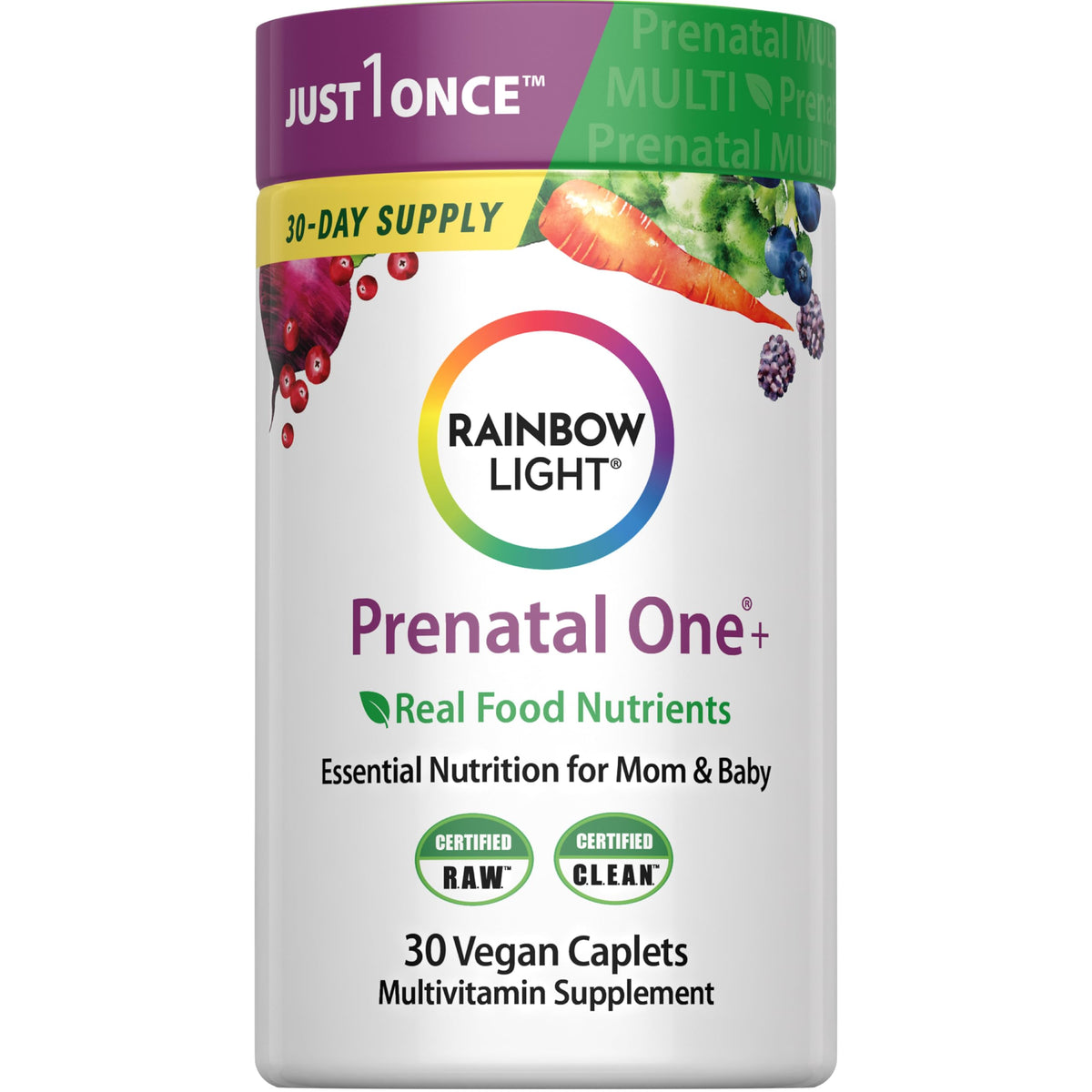 Rainbow Light Prenatal One+ bottle front, real-food nutrients for mom and baby