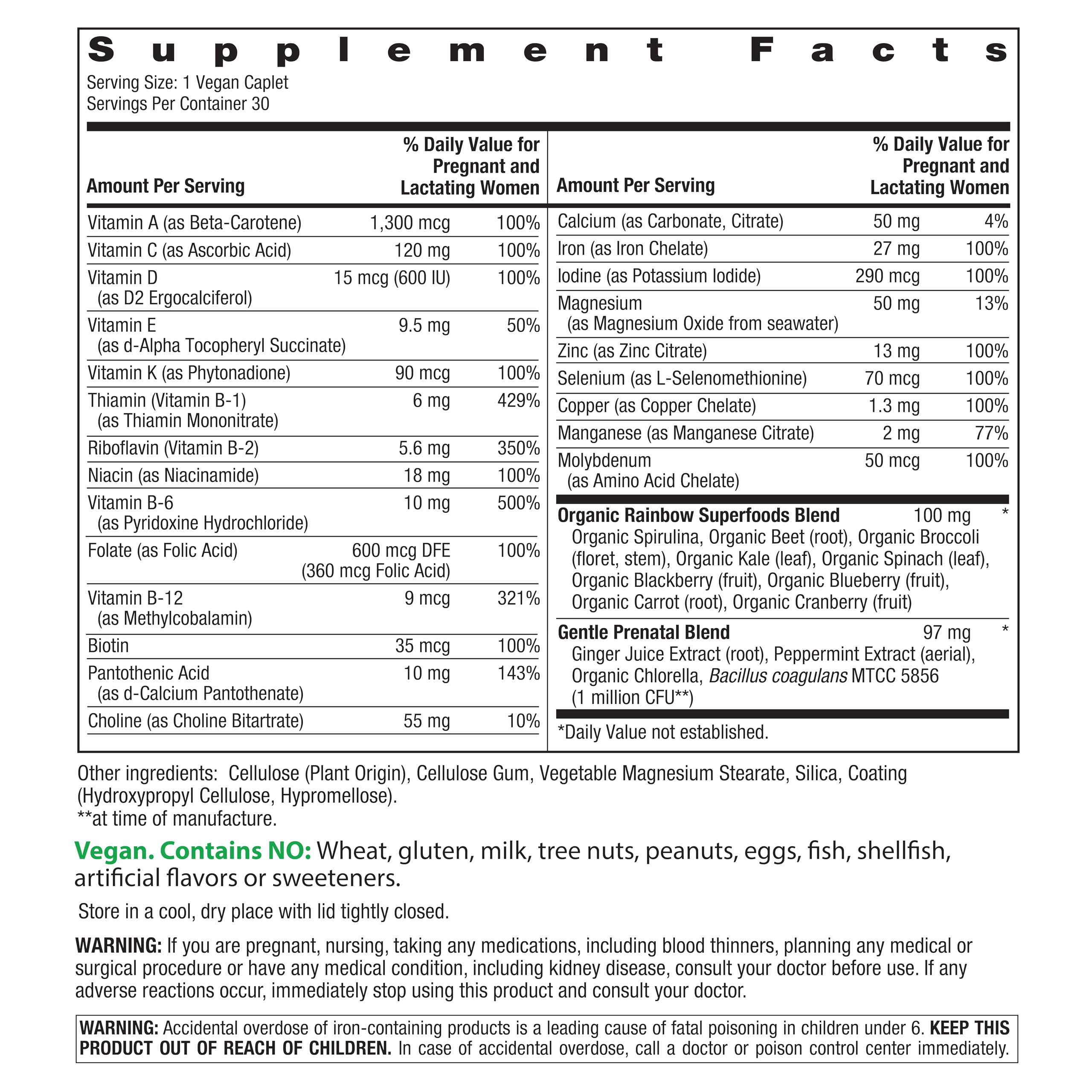 Rainbow Light Prenatal One+ caplets close-up highlights iron and essential vitamins