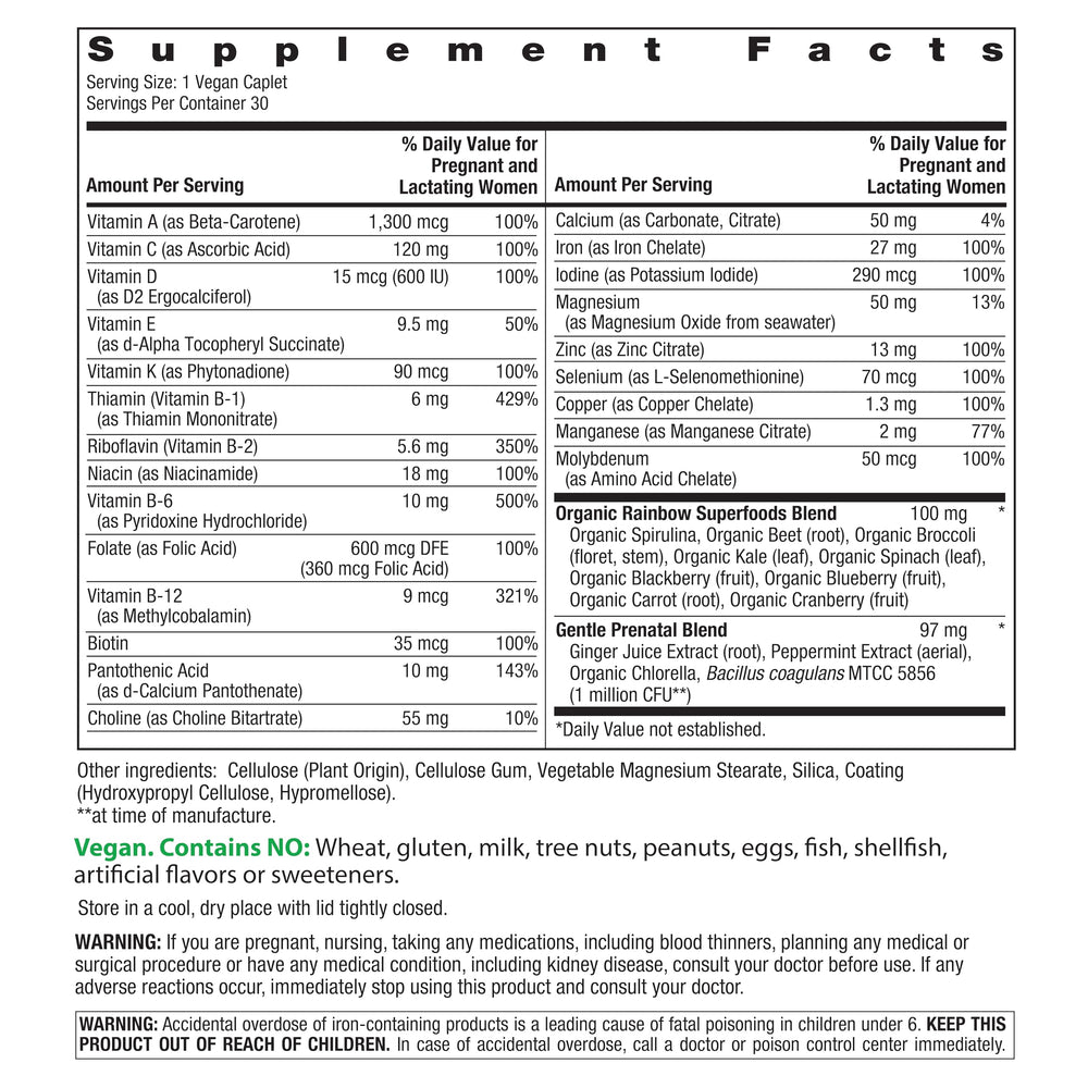 Rainbow Light Prenatal One+ caplets close-up highlights iron and essential vitamins