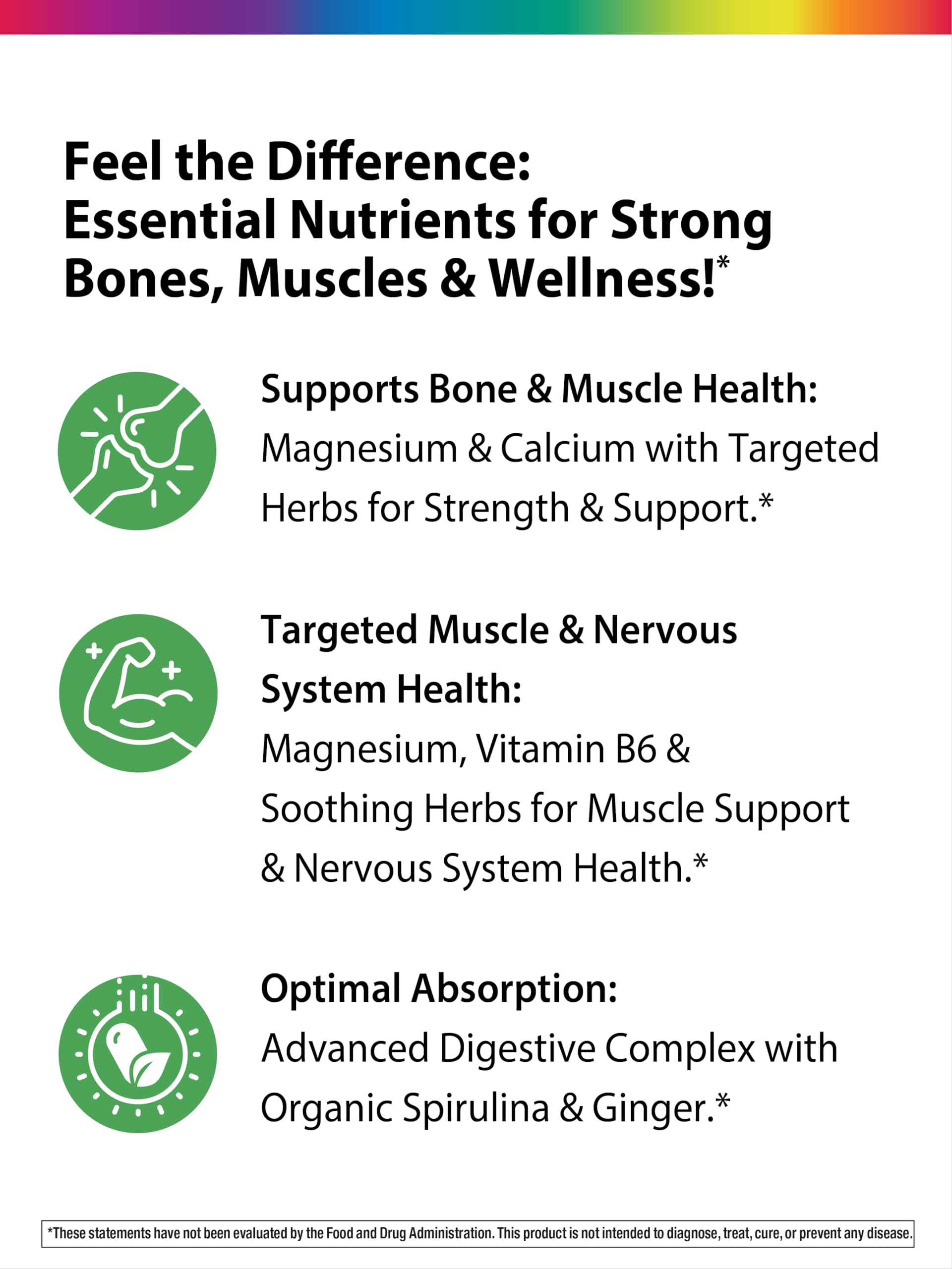 Rainbow Light spirulina and horsetail blend detail on label for absorption support.