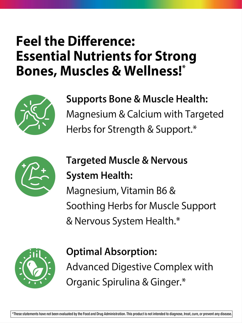 Rainbow Light spirulina and horsetail blend detail on label for absorption support.