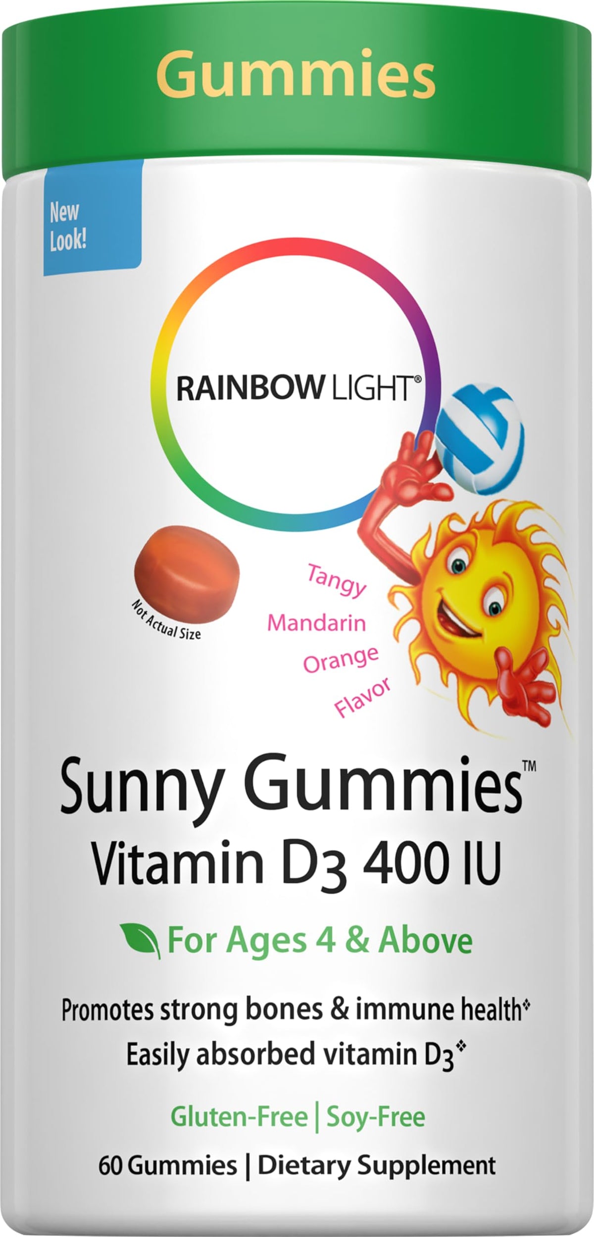 Rainbow Light Sunny Gummies Vitamin D3 bottle front with tangy tangerine flavor for daily bone support