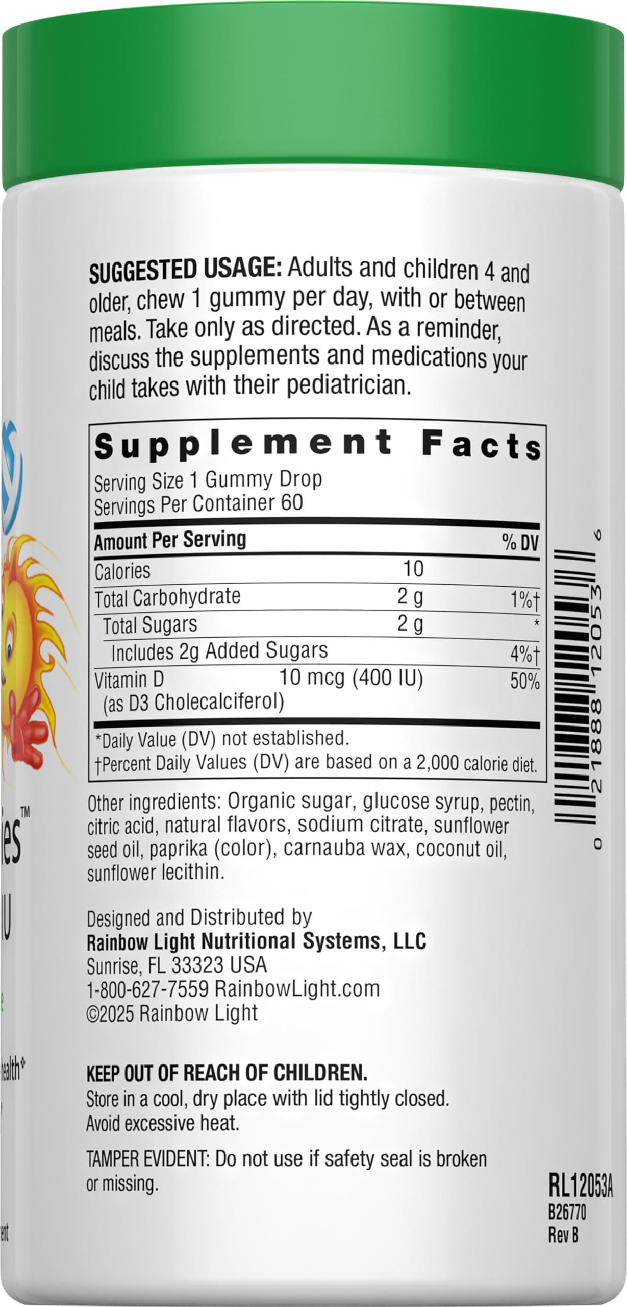 Rainbow Light Sunny Gummies D3 label close-up highlighting gluten-free and soy-free goodness