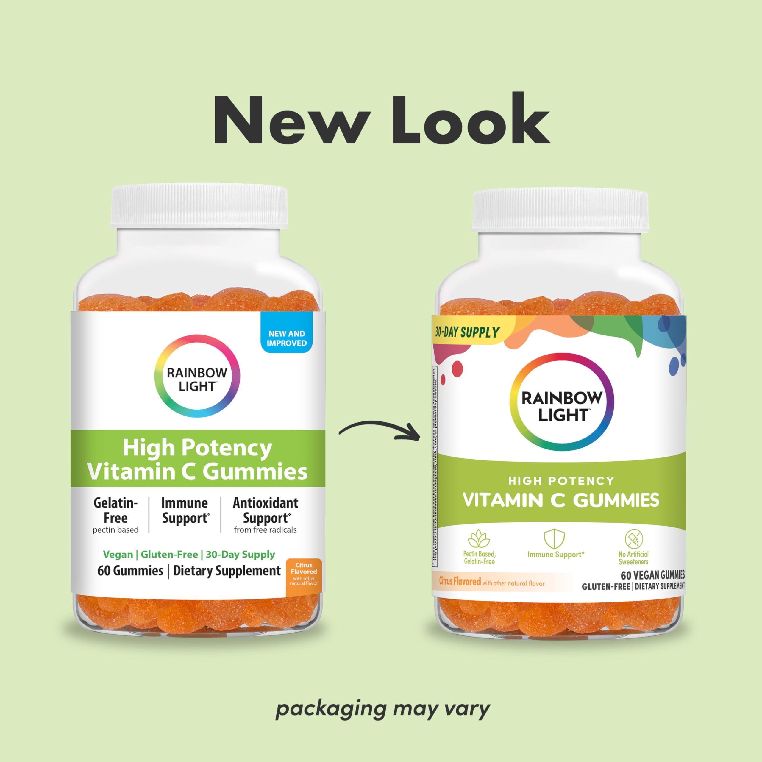 Rainbow Light Vitamin C Gummies close-up showing chewable citrus flavor for convenient daily wellness.