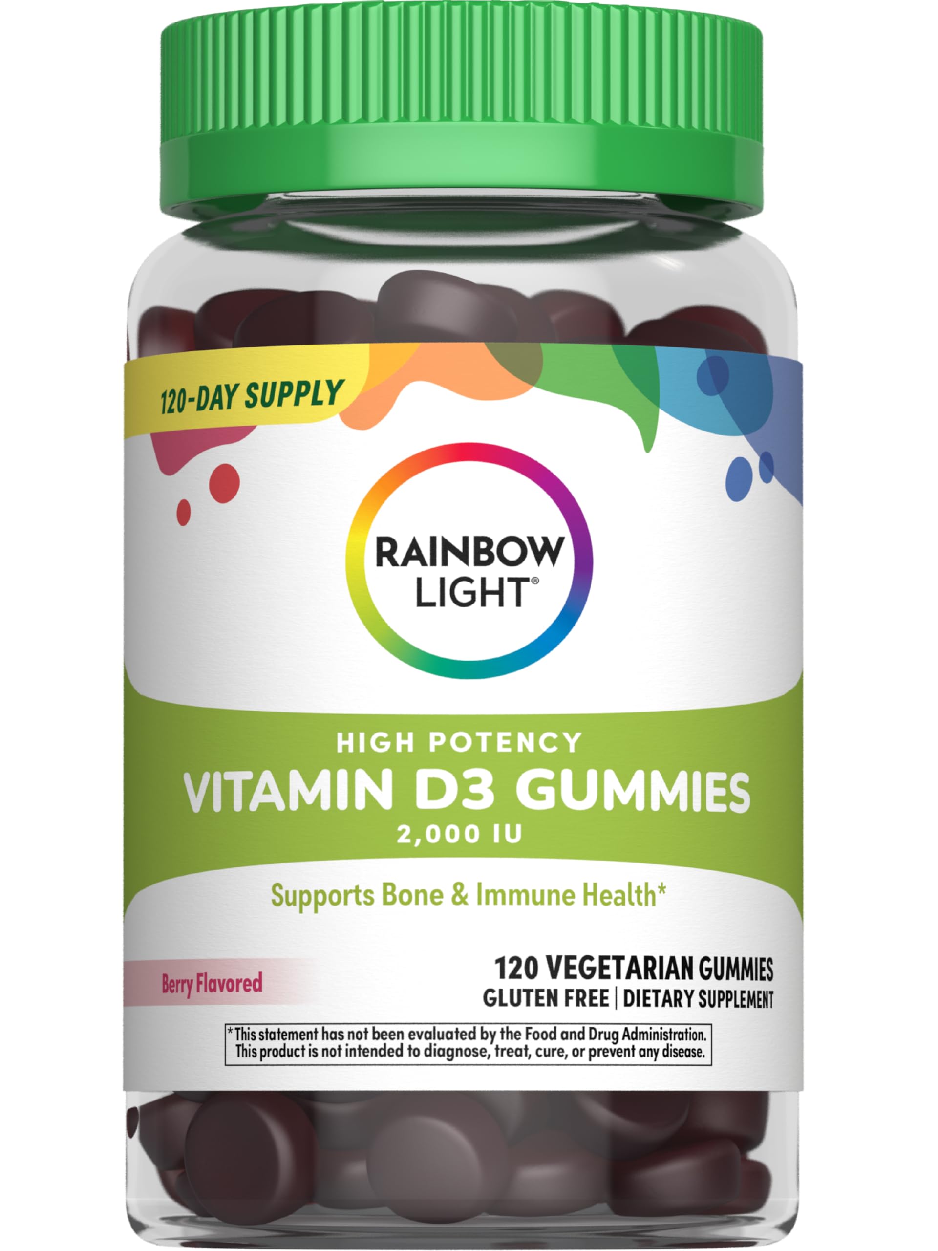 Rainbow Light Vitamin D3 Gummies bottle poured to show berry flavor and high potency.
