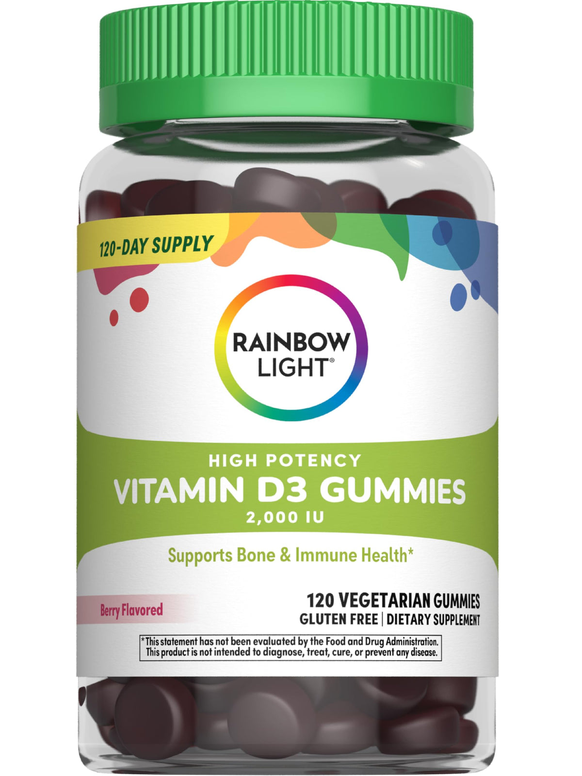 Rainbow Light Vitamin D3 Gummies bottle poured to show berry flavor and high potency.