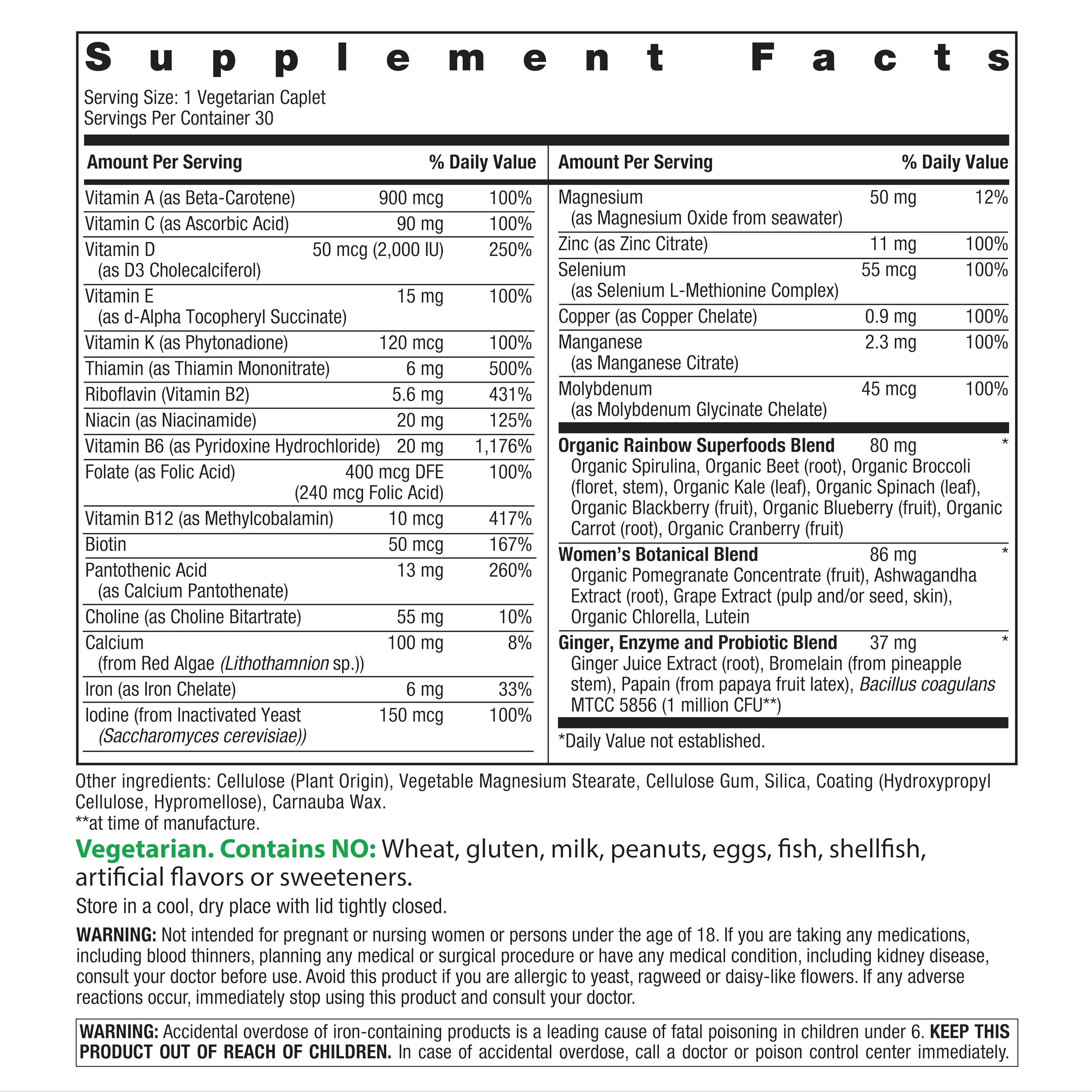 Rainbow Light Women's Multivitamin One+ bottle side highlighting Real Food Nutrients.