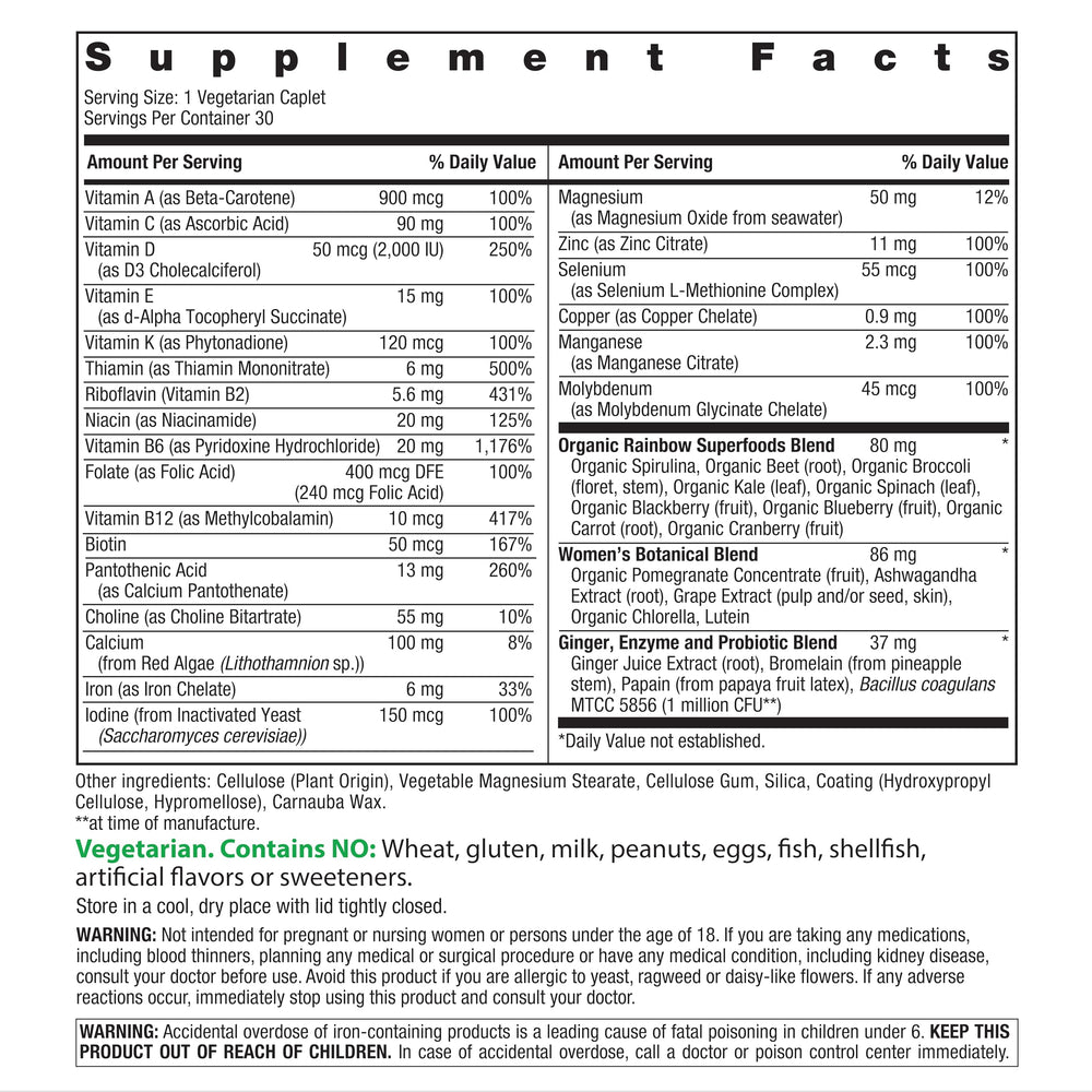 Rainbow Light Women's Multivitamin One+ bottle side highlighting Real Food Nutrients.