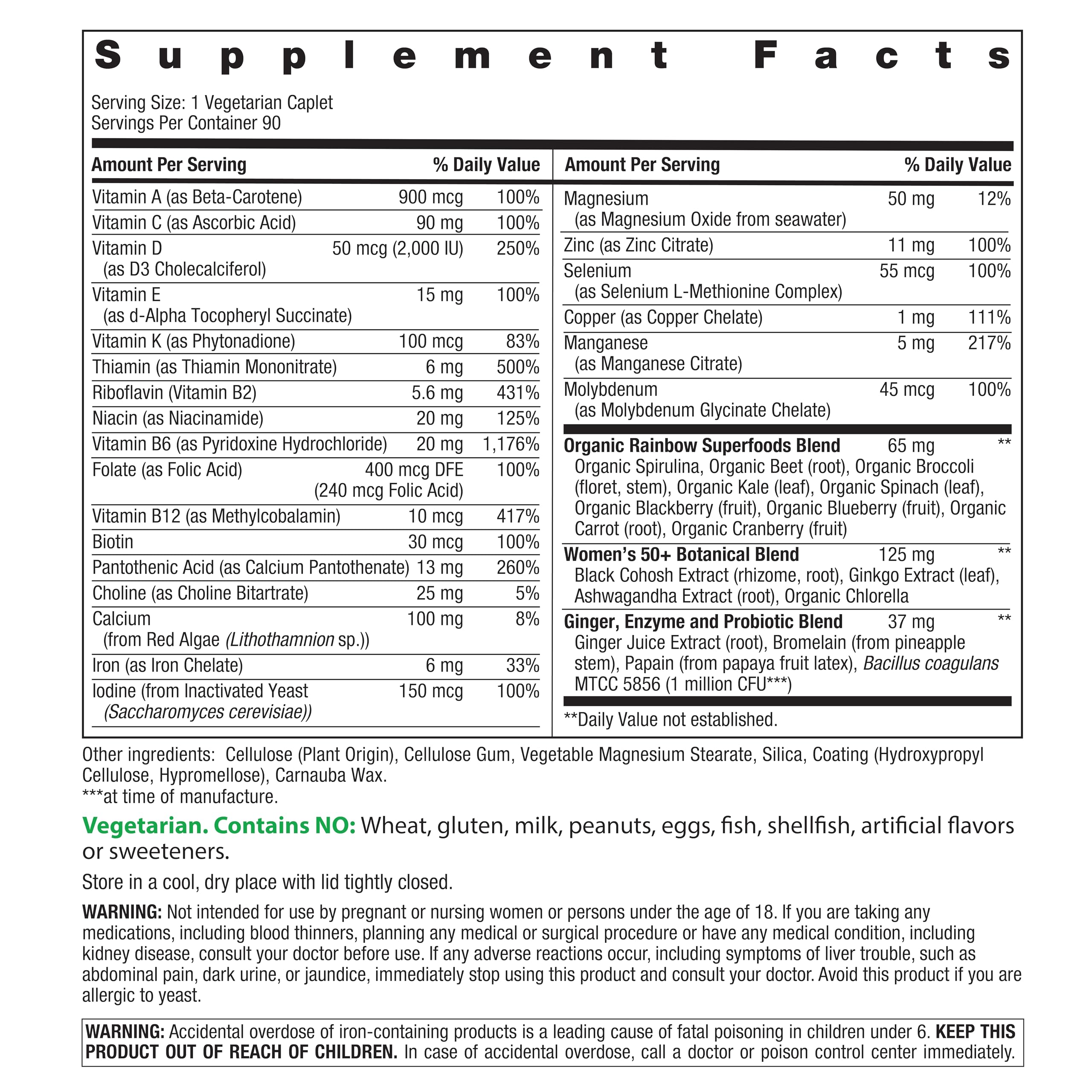 Rainbow Light Women's One 50+ bottle close-up label highlights vitamins and minerals.