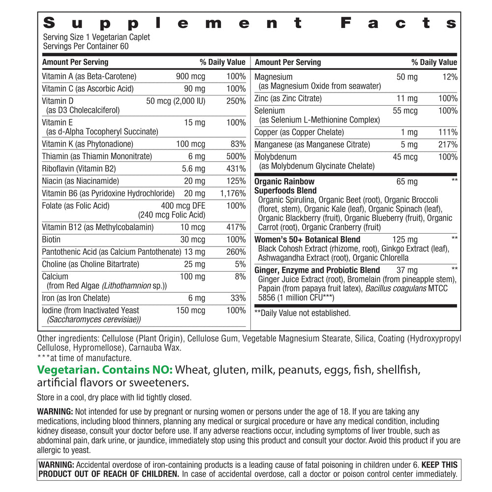 Rainbow Light Women's One 50+ label closeup highlighting vegetarian, non-GMO formula.