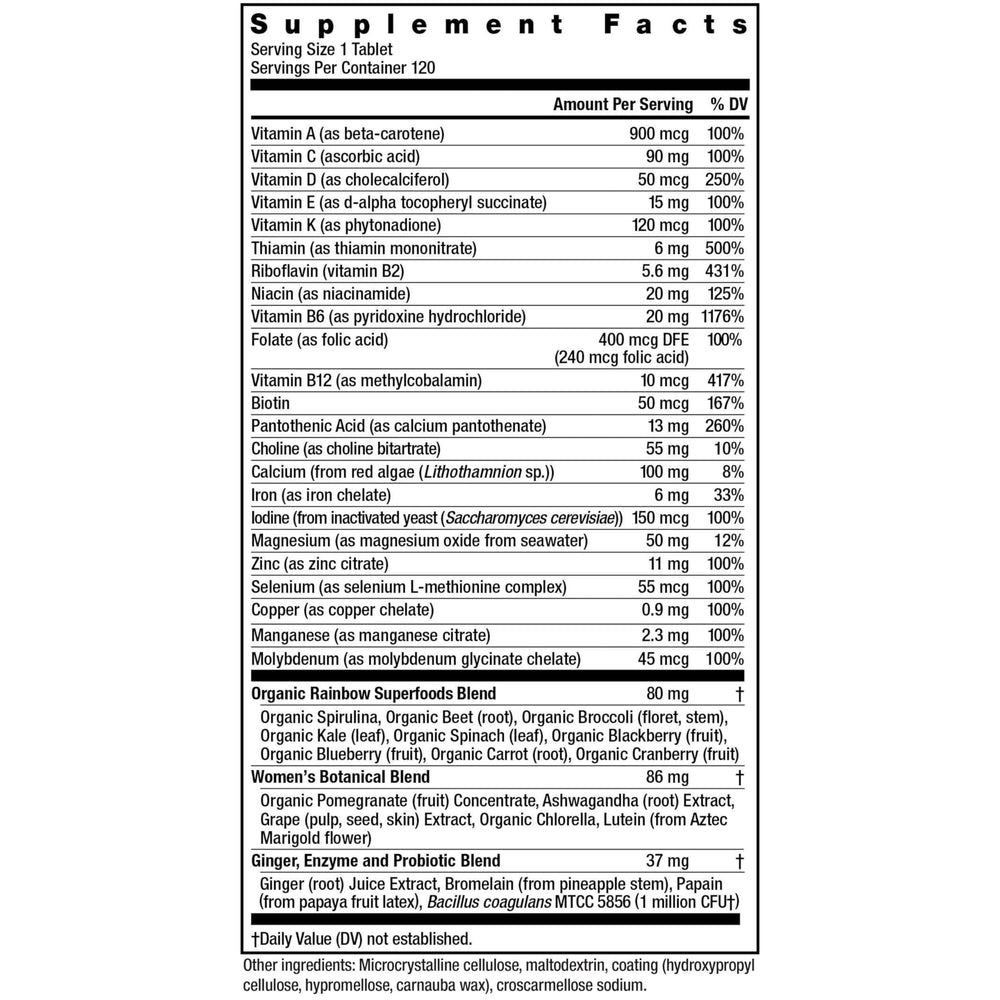 Rainbow Light Women's One label graphic highlights key nutrients at a glance