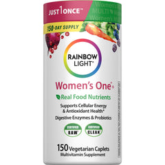 Rainbow Light Women's One bottle front view showing daily multivitamin in a bright setting for energy support.