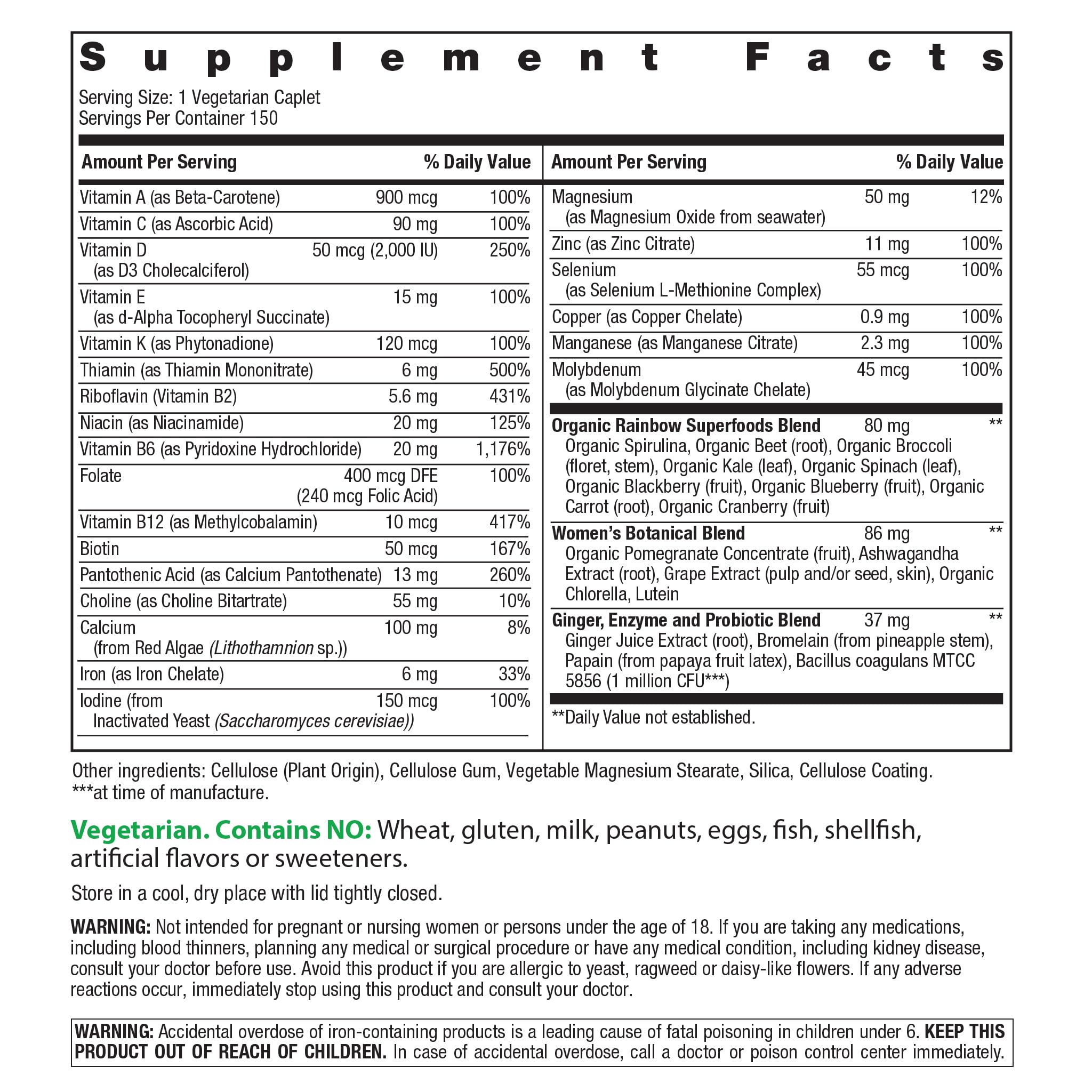 Rainbow Light Women's One bottle label close-up highlighting key nutrients and ingredients.