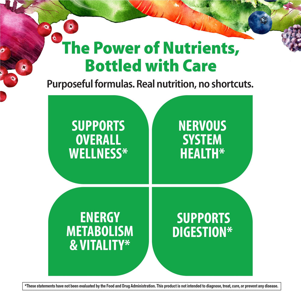 Rainbow Light Women's One organic superfoods blend visual emphasizing fruits and greens.
