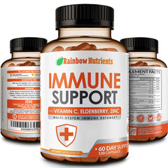Rainbow Nutrients 10-in-1 Immune Support bottle showing bold label for daily immune balance.