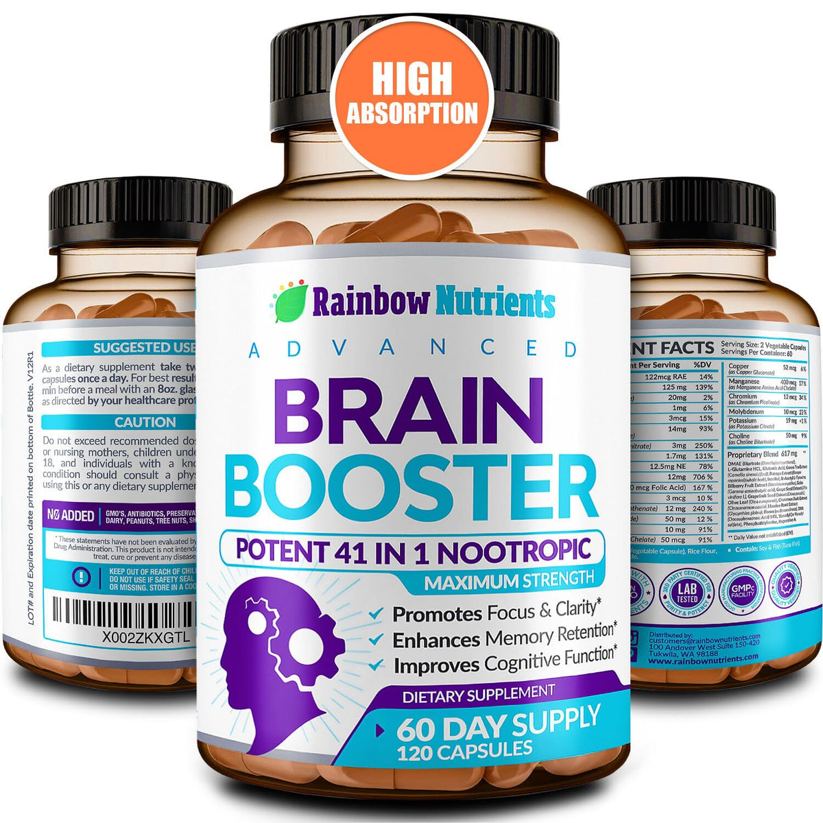 Rainbow Nutrients 40in1 Brain Booster bottle full of capsules for daily focus.