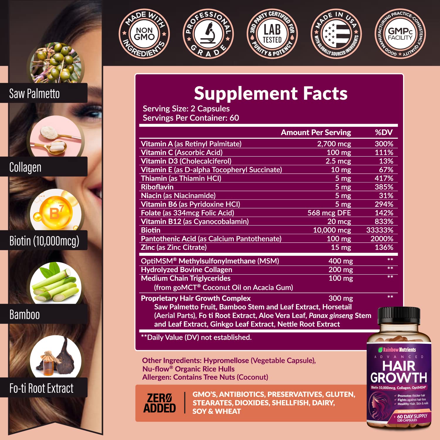 Rainbow Nutrients biotin capsules close-up for strong, shiny hair.