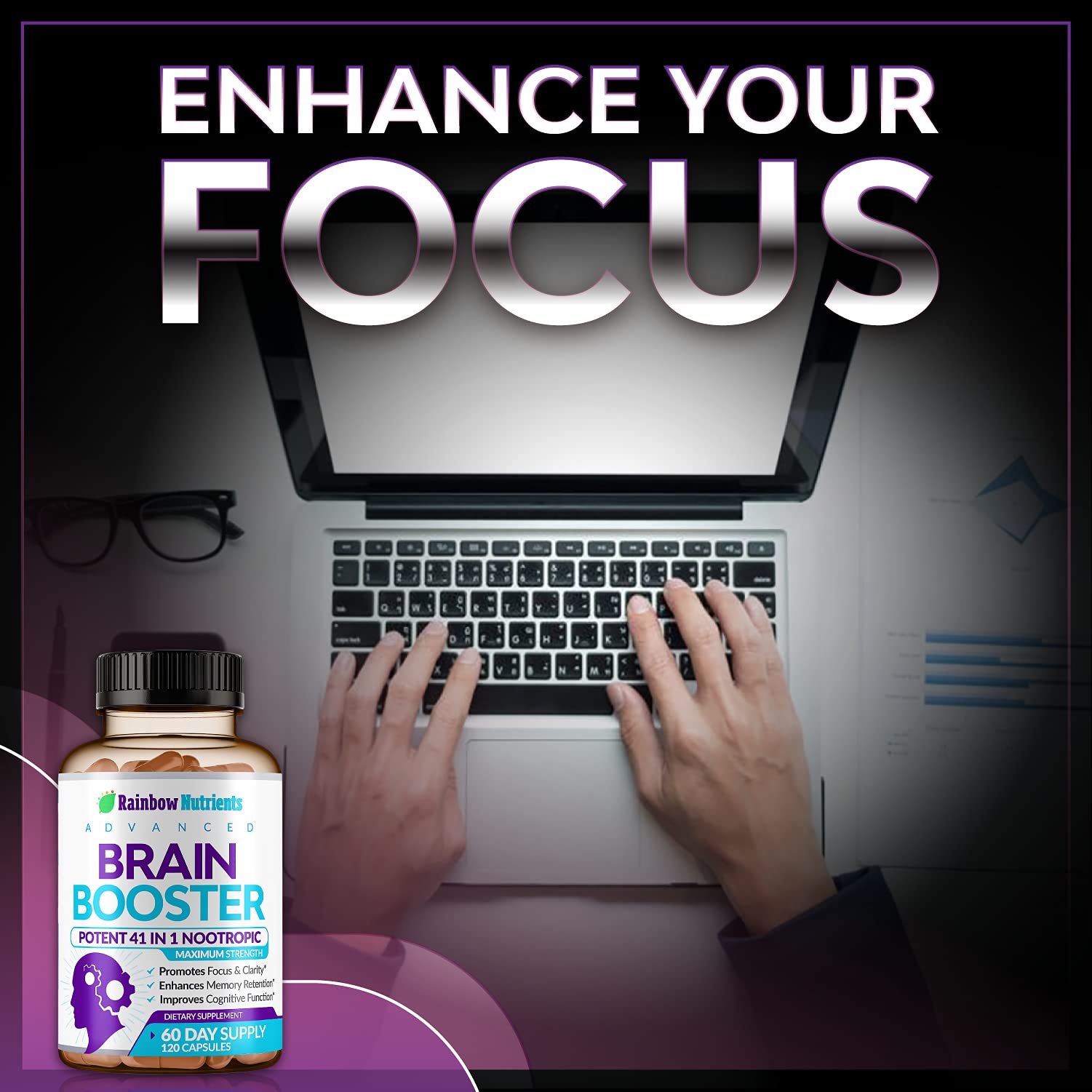 Rainbow Nutrients brain booster capsules close-up with natural ingredients.