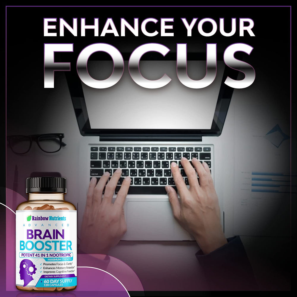 Rainbow Nutrients brain booster capsules close-up with natural ingredients.